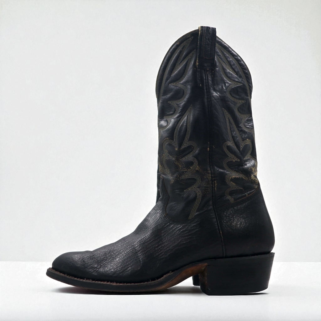 Vintage 90s Leather Cowboy Western Boots by Cristobal Romero, Size 27.5cm, Stitch Embroidery, 9622