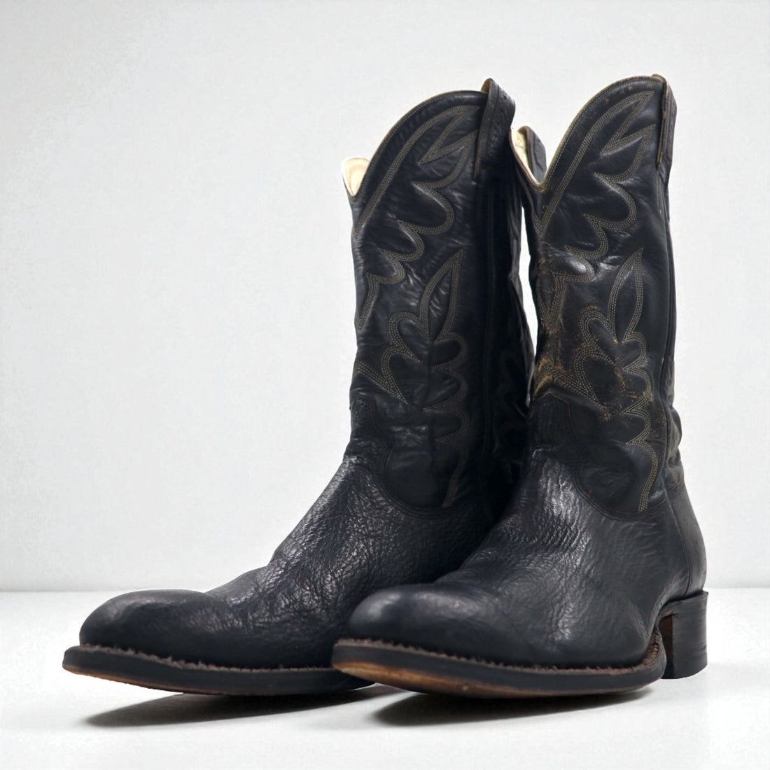 Vintage 90s Leather Cowboy Western Boots by Cristobal Romero, Size 27.5cm, Stitch Embroidery, 9622