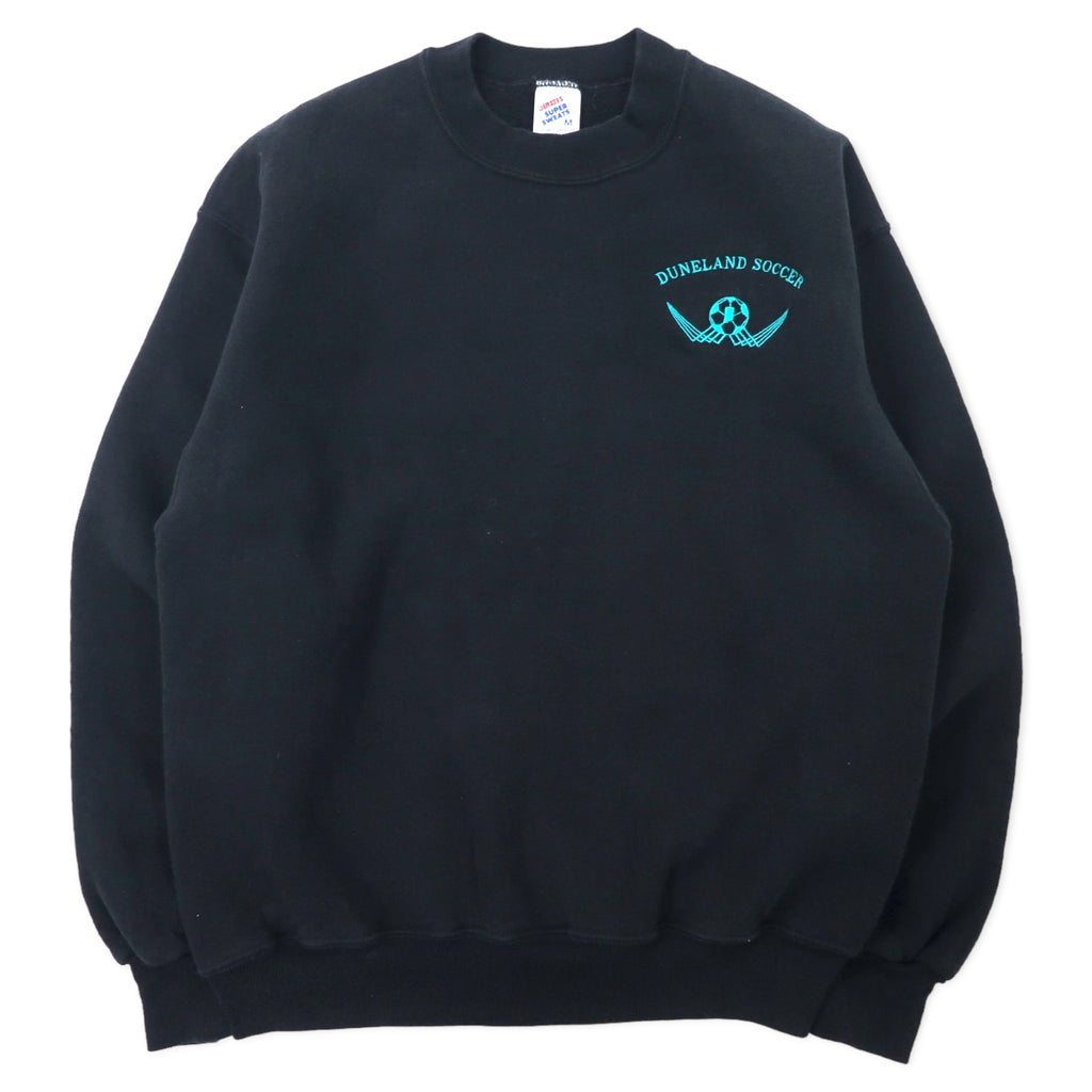 日本然リトテ-古着オンライン-JERZEES USA製 90年代 SUPER SWEATS クルーネック スウェット M ブラック コットン 裏起毛 DUNELAND SOCCER ワンポイント刺繍-Jerzees USA MADE 90s SUPER SWEATS CREWNECK SWEATSHIRT M Black Cotton Brushed Lining Duneland Soccer One Point Embroidery