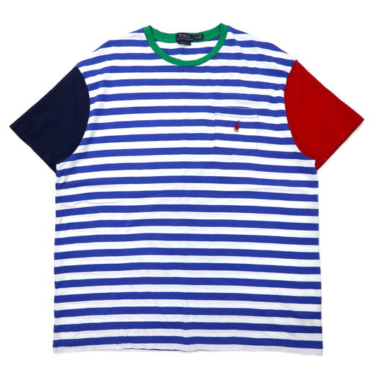 日本然リトテ-古着オンライン-POLO RALPH LAUREN クラシックフィット ボーダー Tシャツ ポケT XL ブルー ホワイト コットン カラーブロック スモールポニー刺繍-POLO RALPH LAUREN Classic Fit Striped T-Shirt Pocket T-XL Blue White Cotton Collar Block Small Pony Embroidery