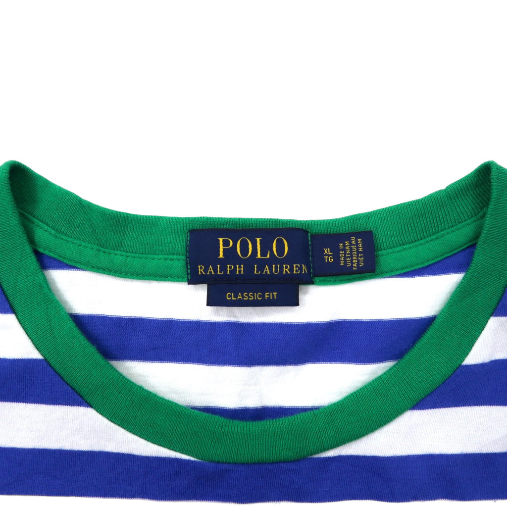 POLO RALPH LAUREN Classic Fit Striped T-Shirt Pocket Tee XL Blue White Cotton Color Block Small Pony Embroidery