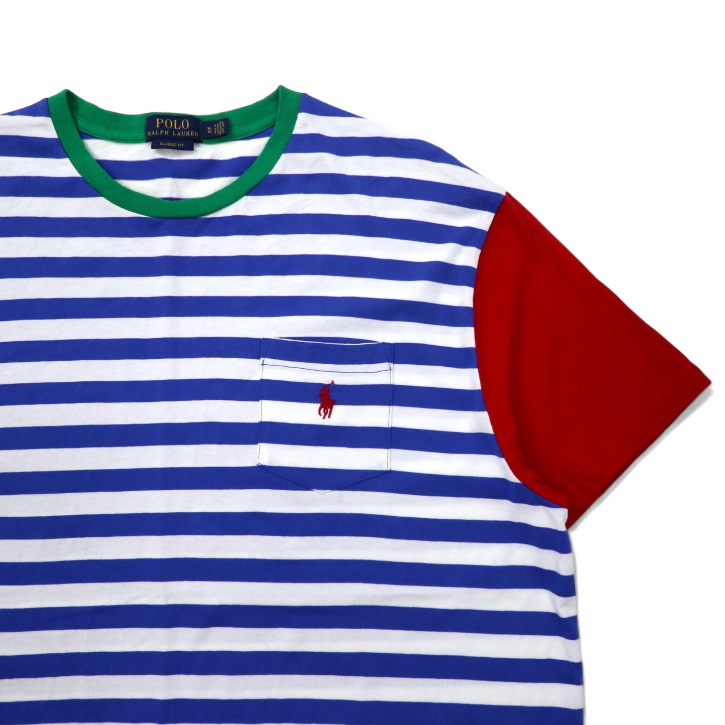 POLO RALPH LAUREN クラシックフィット ボーダー Tシャツ ポケT XL ブルー ホワイト コットン カラーブロック スモールポニー刺繍