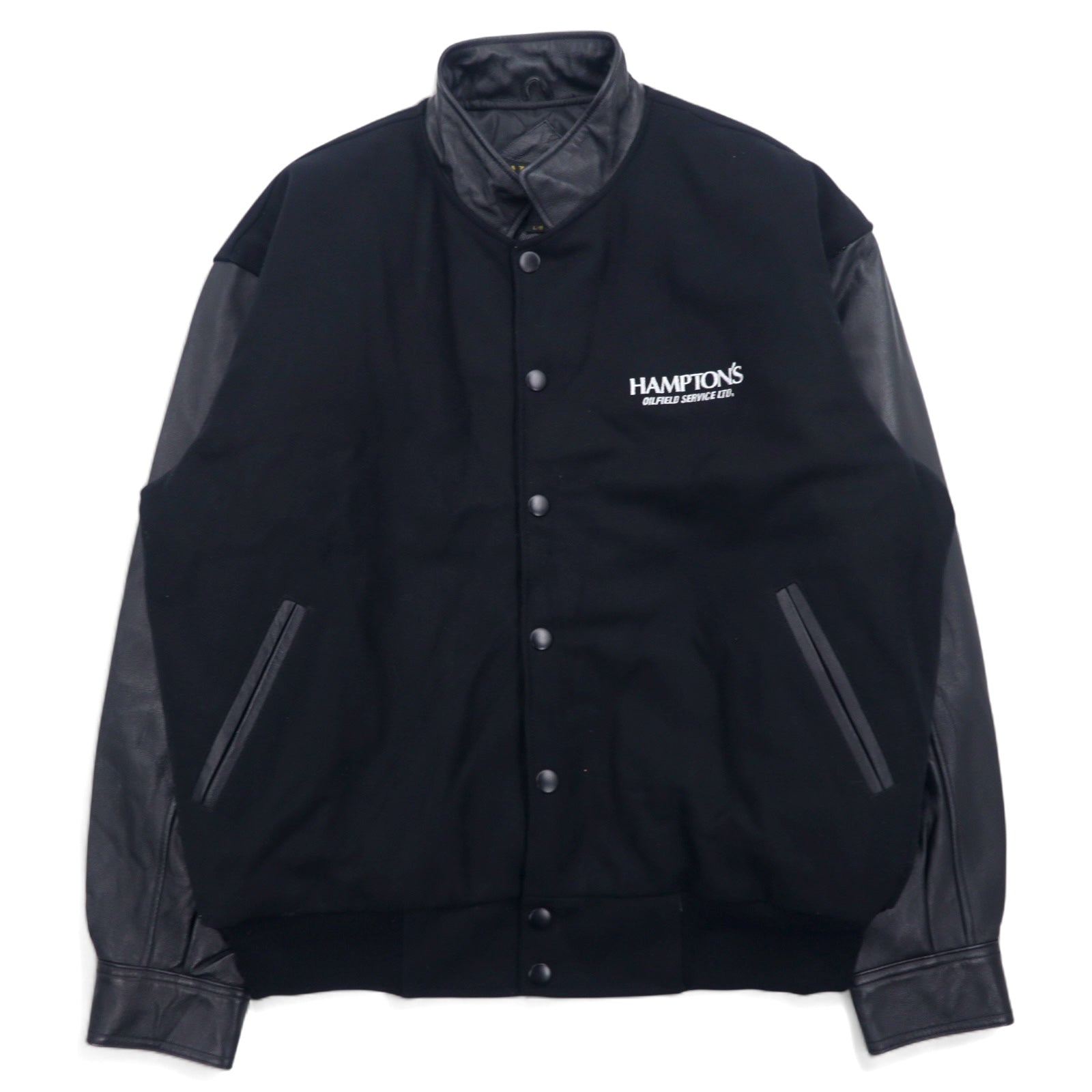 日本然リトテ-古着オンライン-AMANATI レザー 切替 メルトン スタジャン L ブラック ウール レザー HAMPTON'S-AMANATI Leather Switching Melton Varsity Jacket L Black Wool Leather HAMPTON'S
