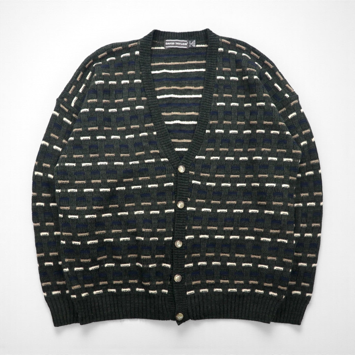 90s USA Vintage Cardigan Vネック アクリル ニット カーディガン XL マルチカラー DAVID TAYLOR90年代 USA製