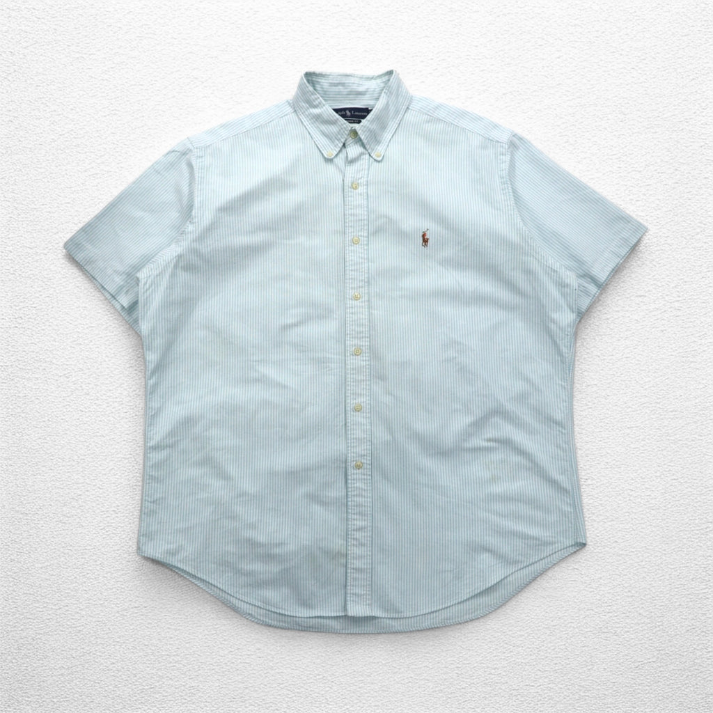 Ralph Lauren 90s Classic Fit Short Sleeve Oxford Button Down Shirt XL White Blue Stripes Small Pony Embroidery