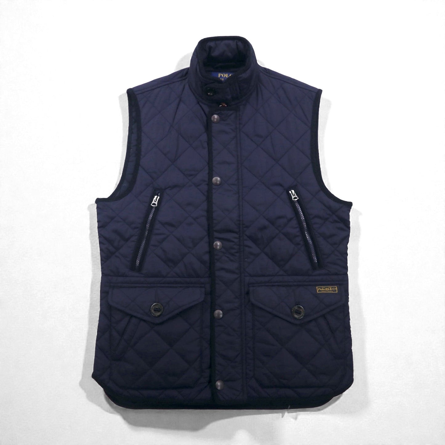 Polo Ralph Lauren ミリタリー キルティング ベスト S ネイビー 中綿 TALONジップ チンストラップ ジップアップ 比翼 スナップボタン