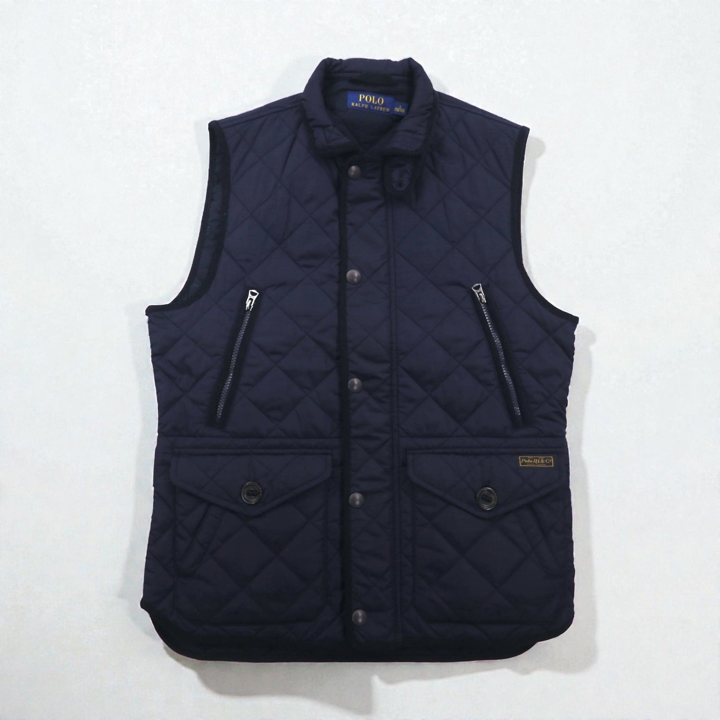 Polo Ralph Lauren ミリタリー キルティング ベスト S ネイビー 中綿 TALONジップ チンストラップ ジップアップ 比翼 スナップボタン