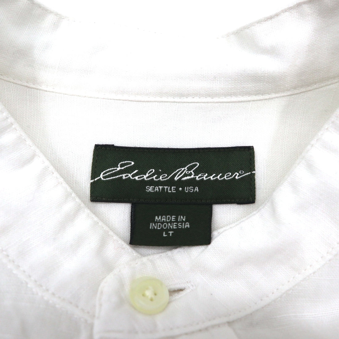 Eddie Bauer Linen Band Collar Shirt, Large, White, Linen and Cotton, Chest Pocket, Oversized