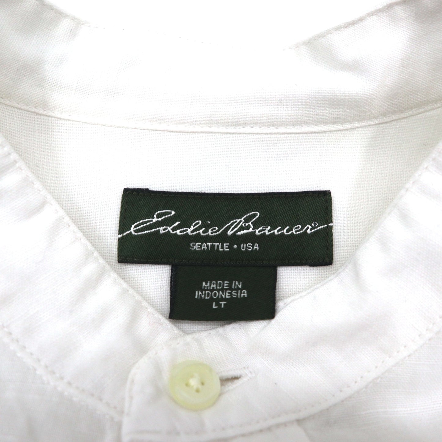 Eddie Bauer リネン バンドカラーシャツ L ホワイト 麻 コットン 胸ポケット ビッグサイズ