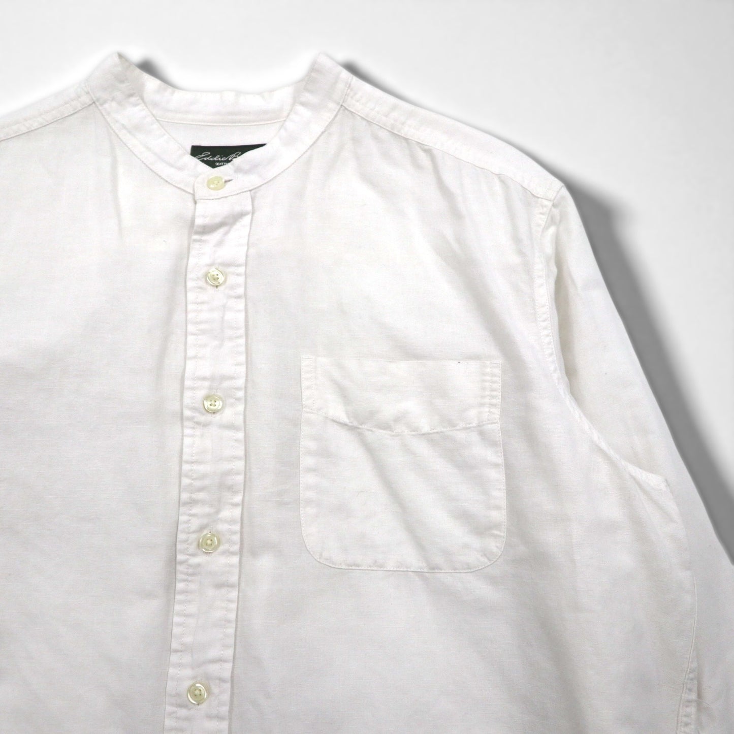 Eddie Bauer リネン バンドカラーシャツ L ホワイト 麻 コットン 胸ポケット ビッグサイズ