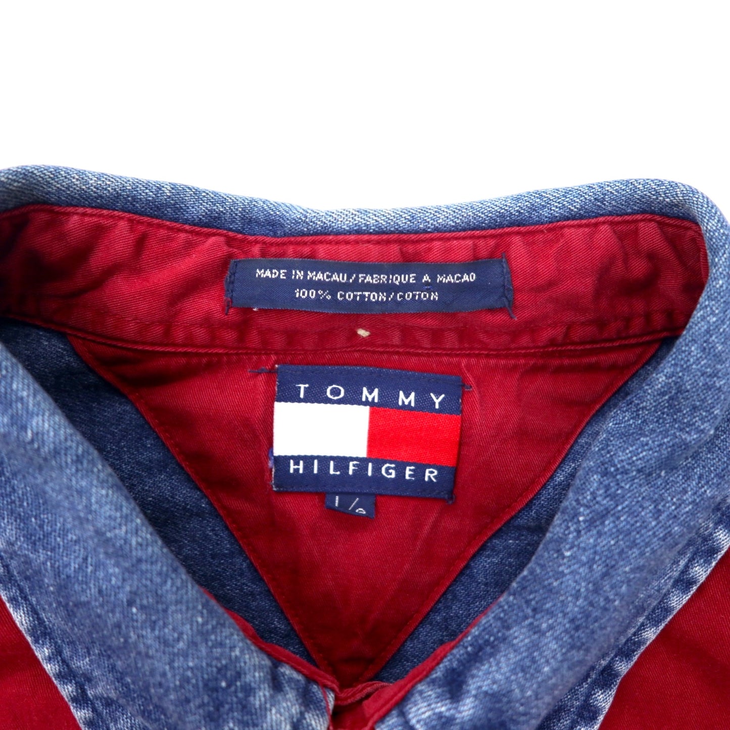 TOMMY HILFIGER 90年代 デニム 切替 ボタンダウンシャツ L レッド ブルー コットン ビッグサイズ