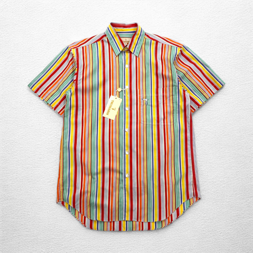 TRUSSARDI 半袖 マルチストライプシャツ M ワンポイントロゴ刺繍 日本製 未使用品