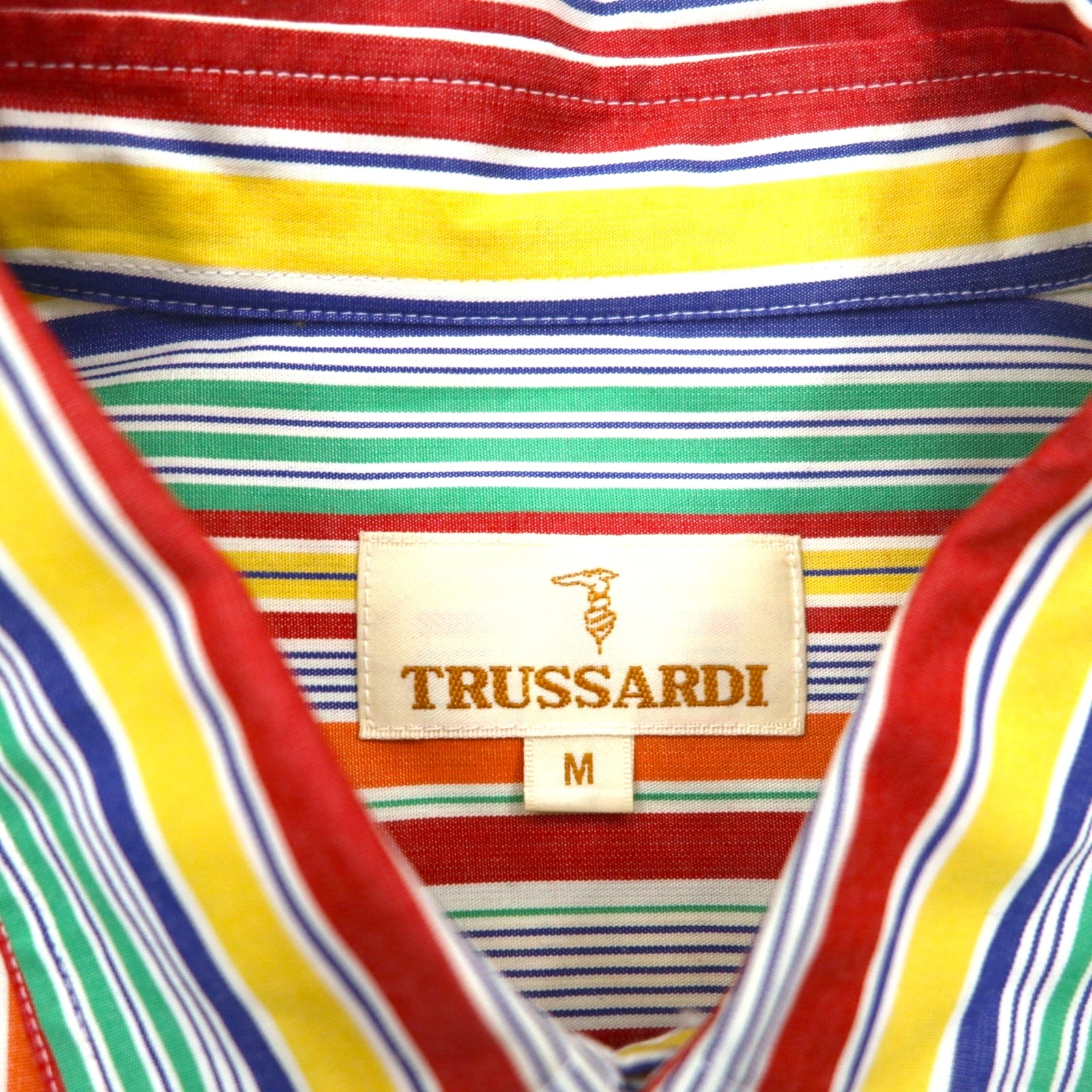 TRUSSARDI 半袖 マルチストライプシャツ M ワンポイントロゴ刺繍 日本製 未使用品