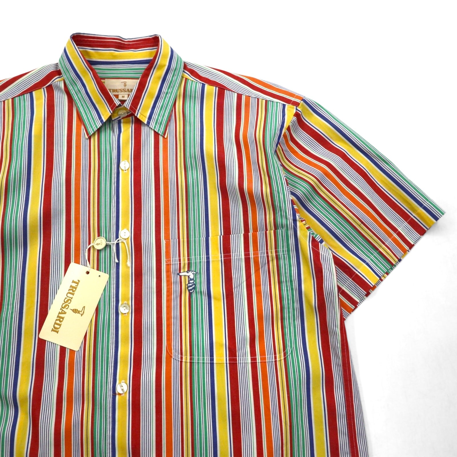 TRUSSARDI 半袖 マルチストライプシャツ M ワンポイントロゴ刺繍 日本製 未使用品