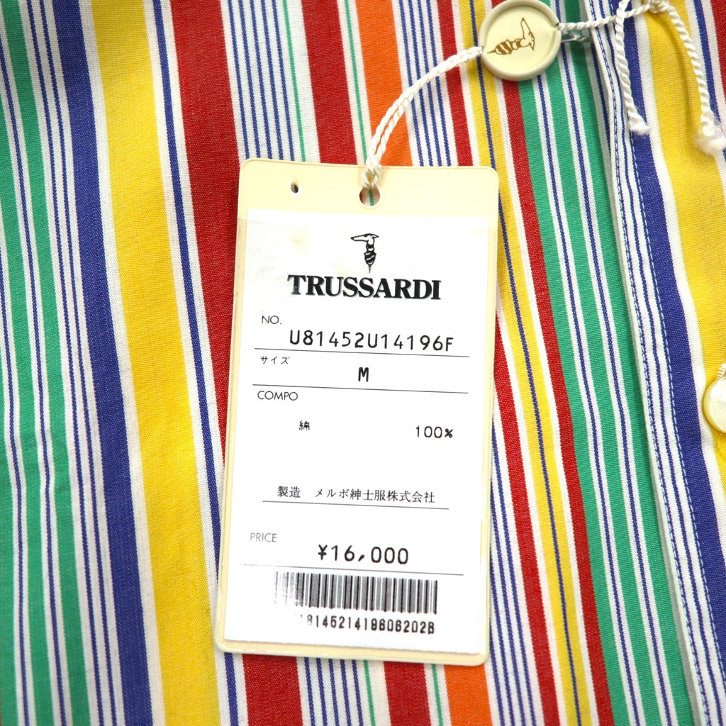 TRUSSARDI 半袖 マルチストライプシャツ M ワンポイントロゴ刺繍 日本製 未使用品