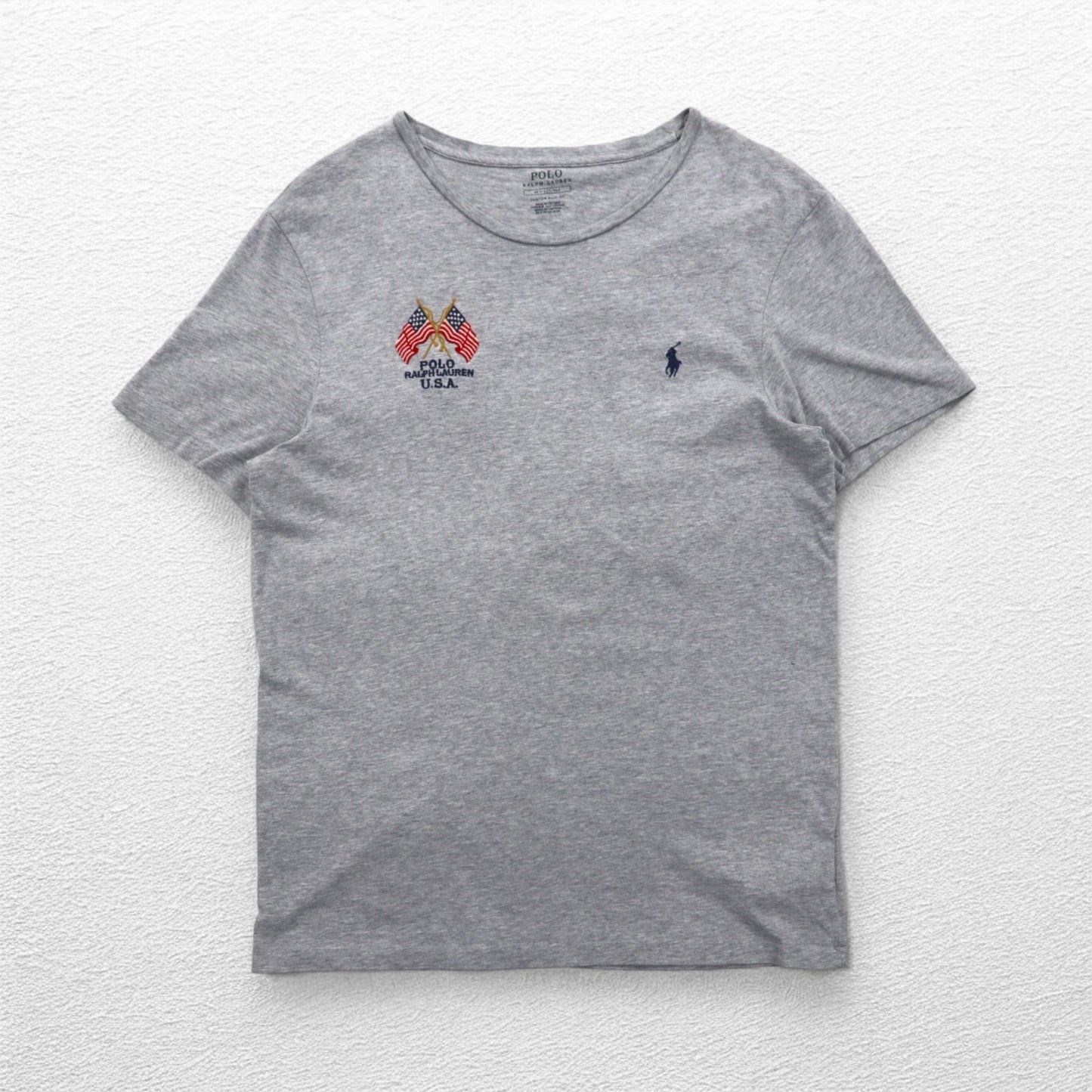 POLO RALPH LAUREN Logo Embroidered T-Shirt, Medium, Gray, Cotton, Stars and Stripes, USA, Small Pony Embroidery