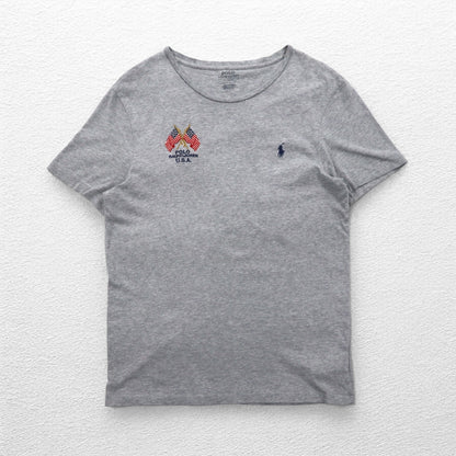POLO RALPH LAUREN Logo Embroidered T-Shirt, Medium, Gray, Cotton, Stars and Stripes, USA, Small Pony Embroidery