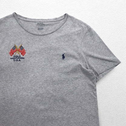 POLO RALPH LAUREN Logo Embroidered T-Shirt, Medium, Gray, Cotton, Stars and Stripes, USA, Small Pony Embroidery