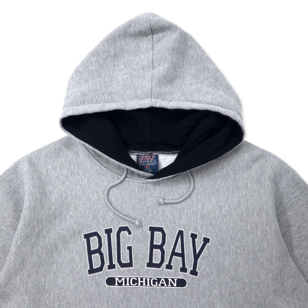 MV SPORT 90s Reverse Weave Hoodie XL Grey Cotton Fleece Lining Paki Cotton BIG BAY MICHIGAN College Print PRO-WEAVE Big Size