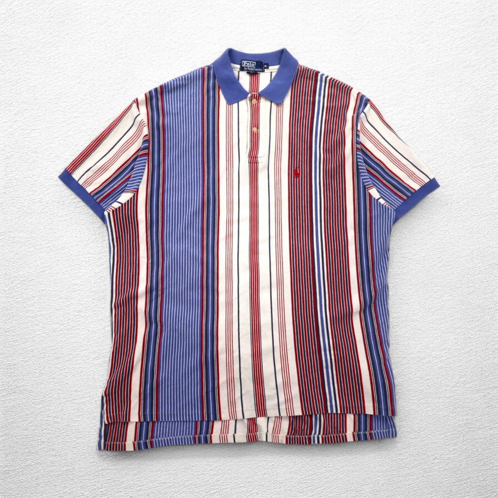 Polo by Ralph Lauren 90s USA made multi-stripe pique polo shirt XL white blue red small pony embroidery
