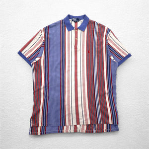 Polo by Ralph Lauren 90年代 USA製 マルチストライプ 鹿の子 ポロシャツ XL ホワイト ブルー レッド スモールポニー刺繍