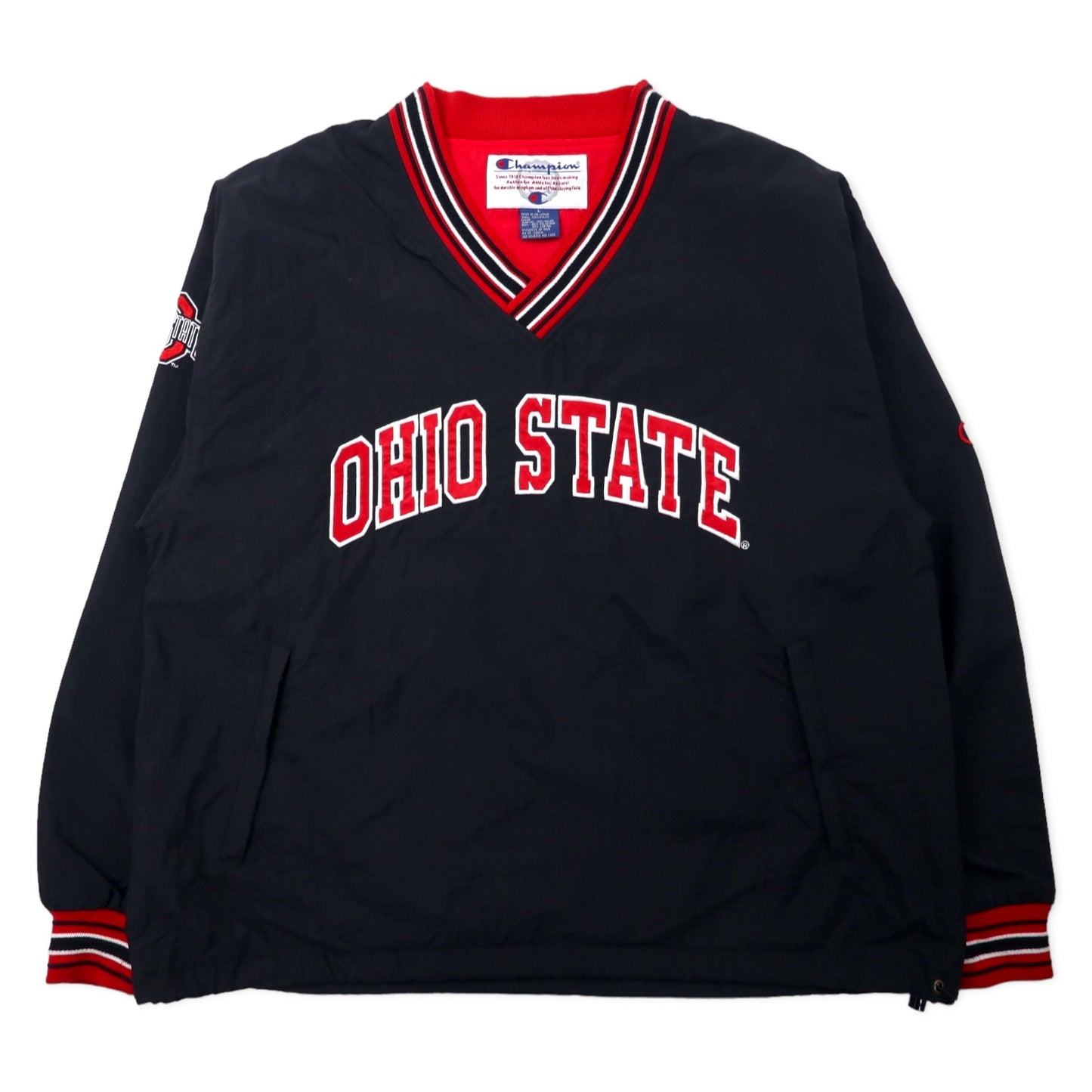 Champion リブライン ピステ プルオーバー スポーツジャケット L ブラック ナイロン カレッジ刺繍 OHIO STATE スリランカ製 ビッグサイズ