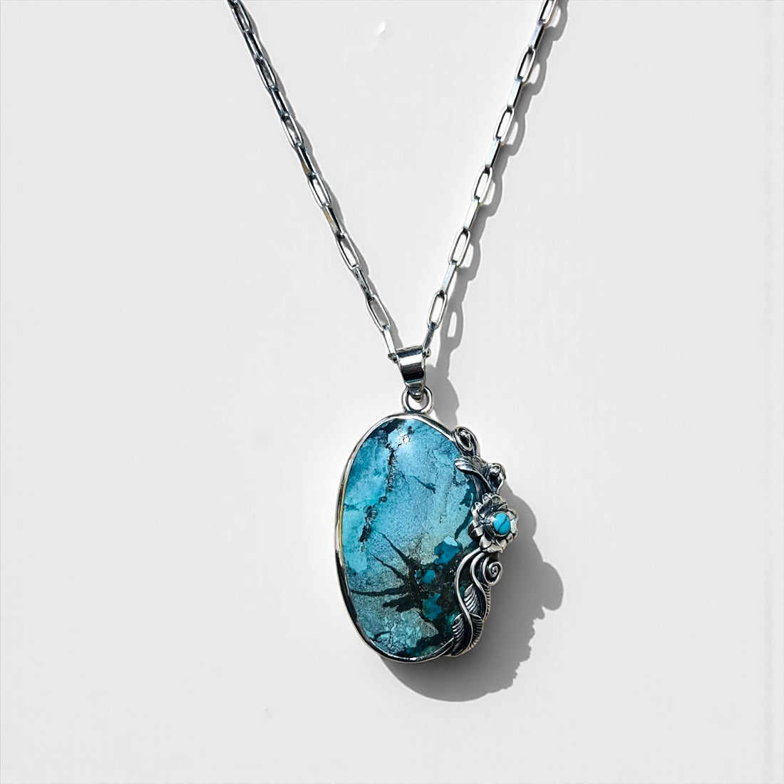 Sterling Silver 925 Turquoise Necklace ターコイズ ホピチェーン ネックレス チョーカー 天然石 ペンダント オーバル カボション ラージ