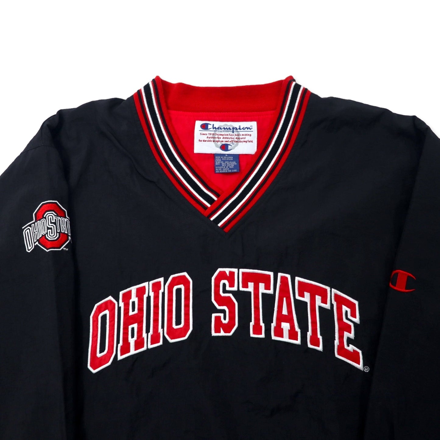 Champion リブライン ピステ プルオーバー スポーツジャケット L ブラック ナイロン カレッジ刺繍 OHIO STATE スリランカ製 ビッグサイズ