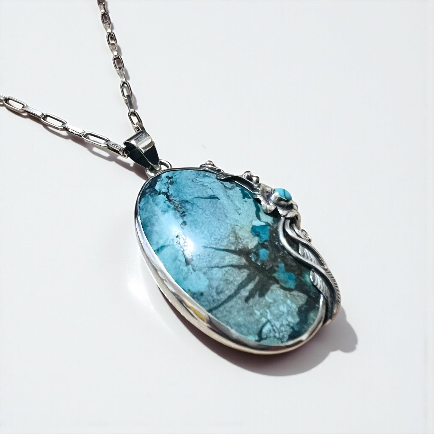 Sterling Silver 925 Turquoise Necklace ターコイズ ホピチェーン ネックレス チョーカー 天然石 ペンダント オーバル カボション ラージ