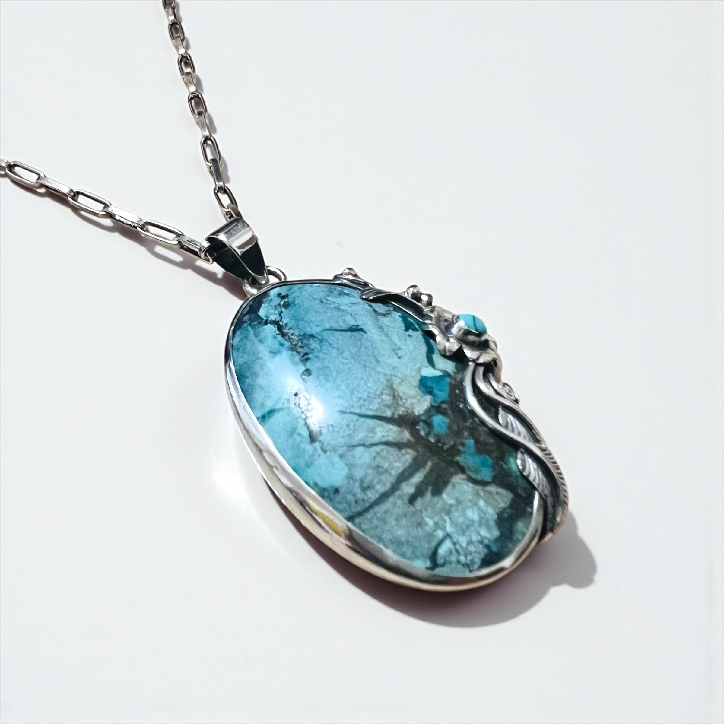 Sterling Silver 925 Turquoise Necklace ターコイズ ホピチェーン ネックレス チョーカー 天然石 ペンダント オーバル カボション ラージ