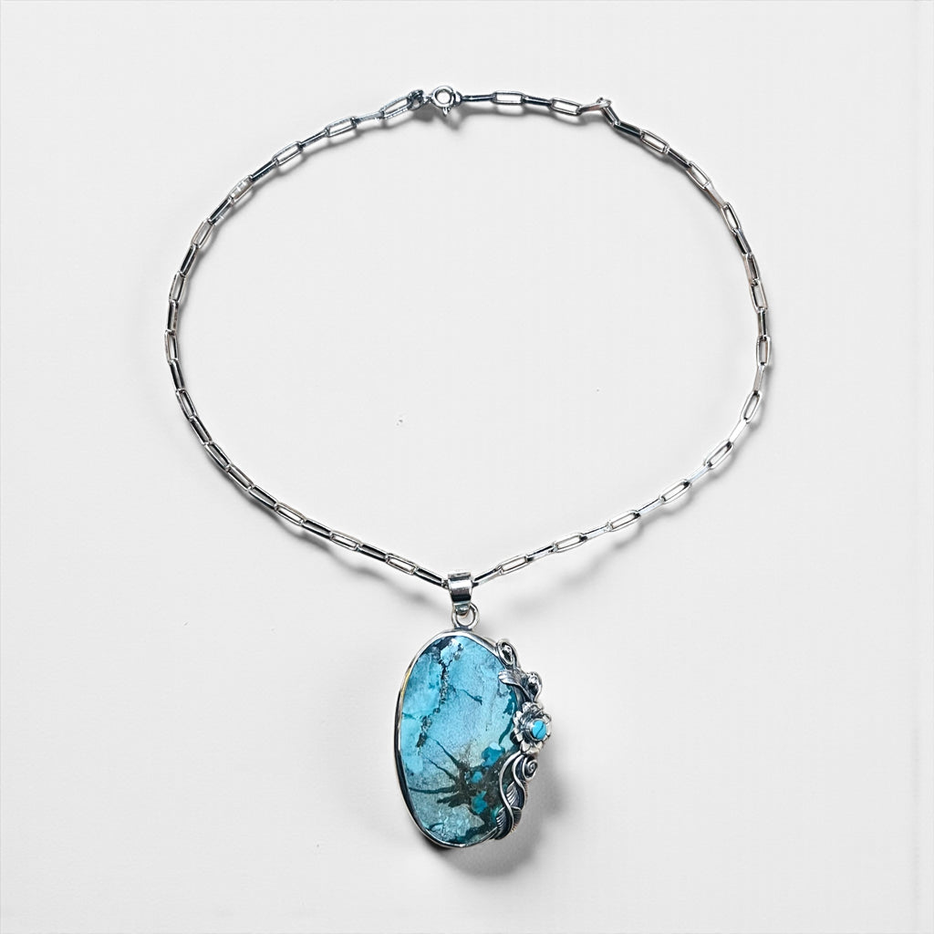 Sterling Silver 925 Turquoise Necklace ターコイズ ホピチェーン ネックレス チョーカー 天然石 ペンダント オーバル カボション ラージ