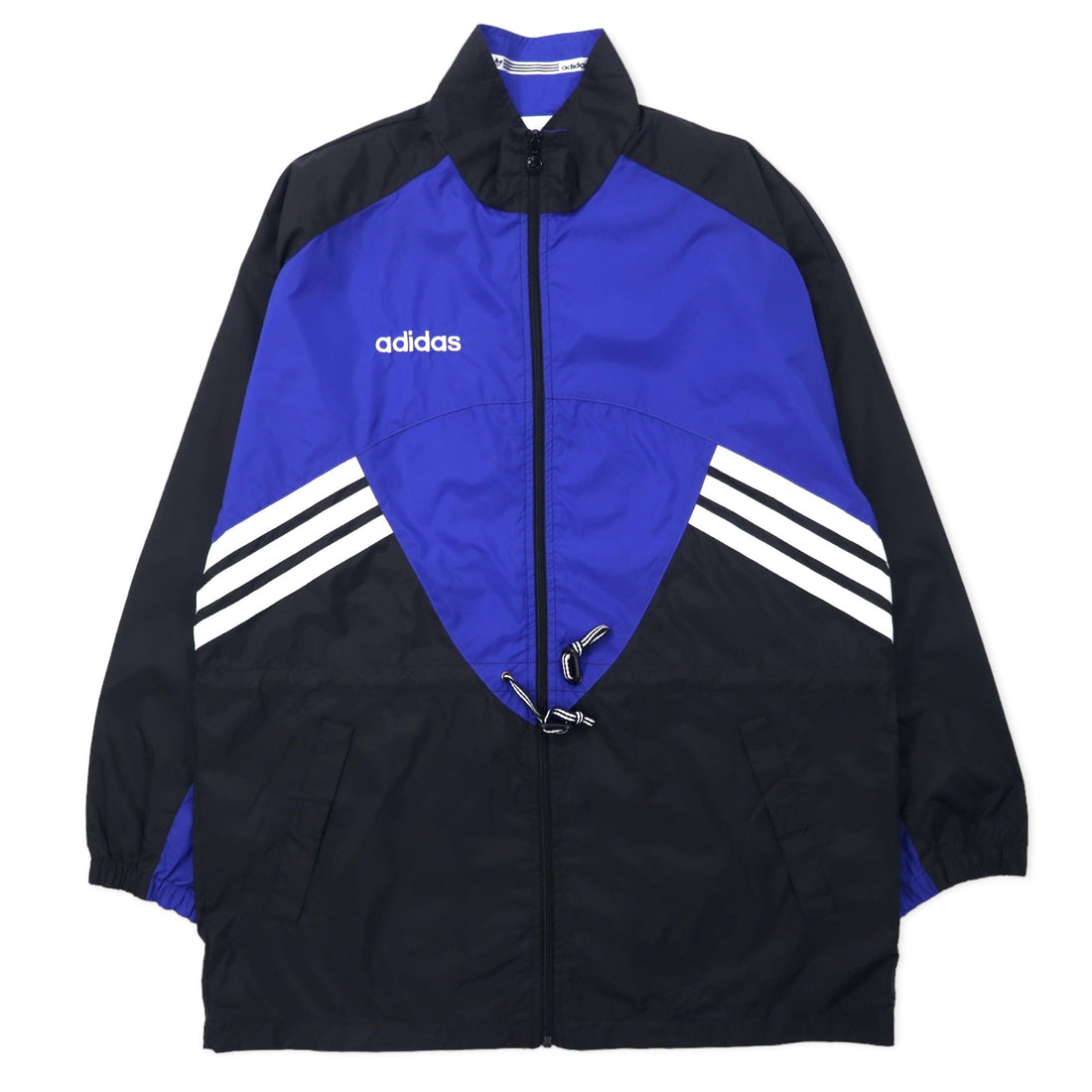 日本然リトテ-古着オンライン-adidas 90年代 ナイロンジャケット F180 ブルー ブラック ドローコード 銀タグ トレフォイルロゴ ビッグサイズ-adidas 90's Windbreaker F180 Blue Black Drawcord Silver Tag Trefoil Logo Big Size