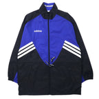 日本然リトテ-古着オンライン-adidas 90年代 ナイロンジャケット F180 ブルー ブラック ドローコード 銀タグ トレフォイルロゴ ビッグサイズ-adidas 90's Windbreaker F180 Blue Black Drawcord Silver Tag Trefoil Logo Big Size