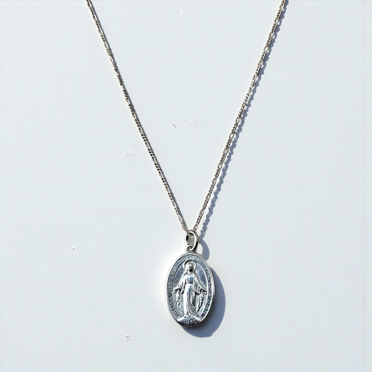 Italy Vintage Miraculous Medal Virgin Mary Necklace 聖母マリア オーバルコイン ネックレス シルバー 925 フィガロチェーン