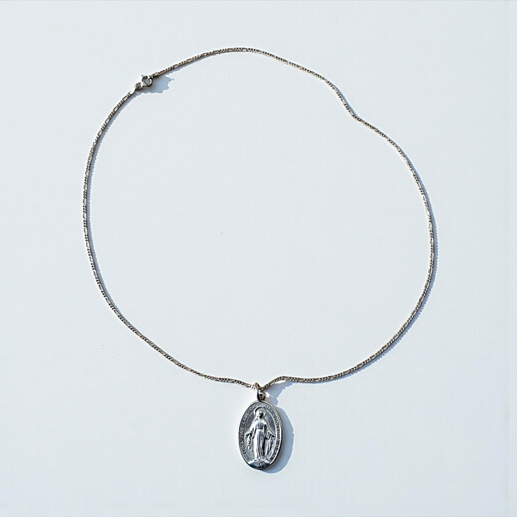 Italy Vintage Miraculous Medal Virgin Mary Necklace 聖母マリア オーバルコイン ネックレス シルバー 925 フィガロチェーン