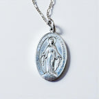 Italy Vintage Miraculous Medal Virgin Mary Necklace 聖母マリア オーバルコイン ネックレス シルバー 925 フィガロチェーン