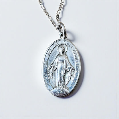 Italy Vintage Miraculous Medal Virgin Mary Necklace 聖母マリア オーバルコイン ネックレス シルバー 925 フィガロチェーン