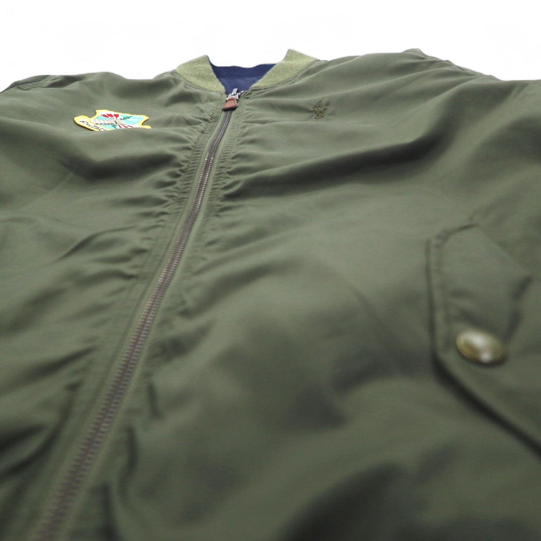 POLO RALPH LAUREN Reversible MA-1 Flight Jacket L Khaki Navy Polyester Patch Small Pony Embroidery TALON Zip