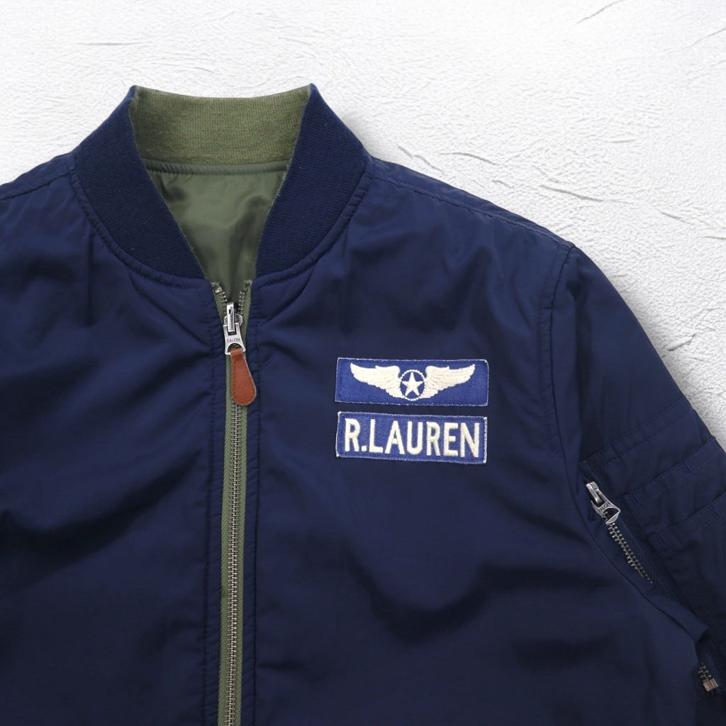 POLO RALPH LAUREN Reversible MA-1 Flight Jacket L Khaki Navy Polyester Patch Small Pony Embroidery TALON Zip