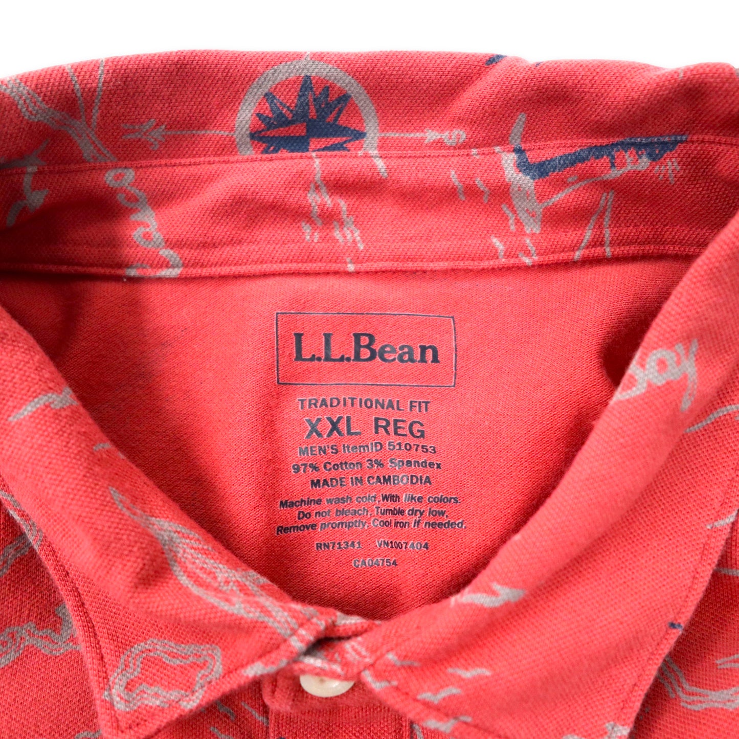L.L.Bean ポロシャツ XXL ピンク 総柄 マリン コットン TRADITIONAL FIT ビッグサイズ