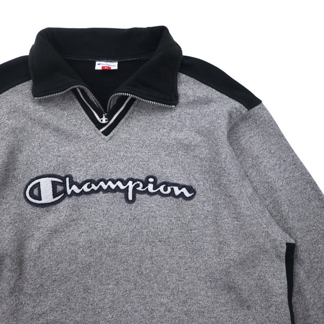 Champion USA 90s Made in Italy Half Zip Layered Sweatshirt XL Grey Cotton Script Logo Patch