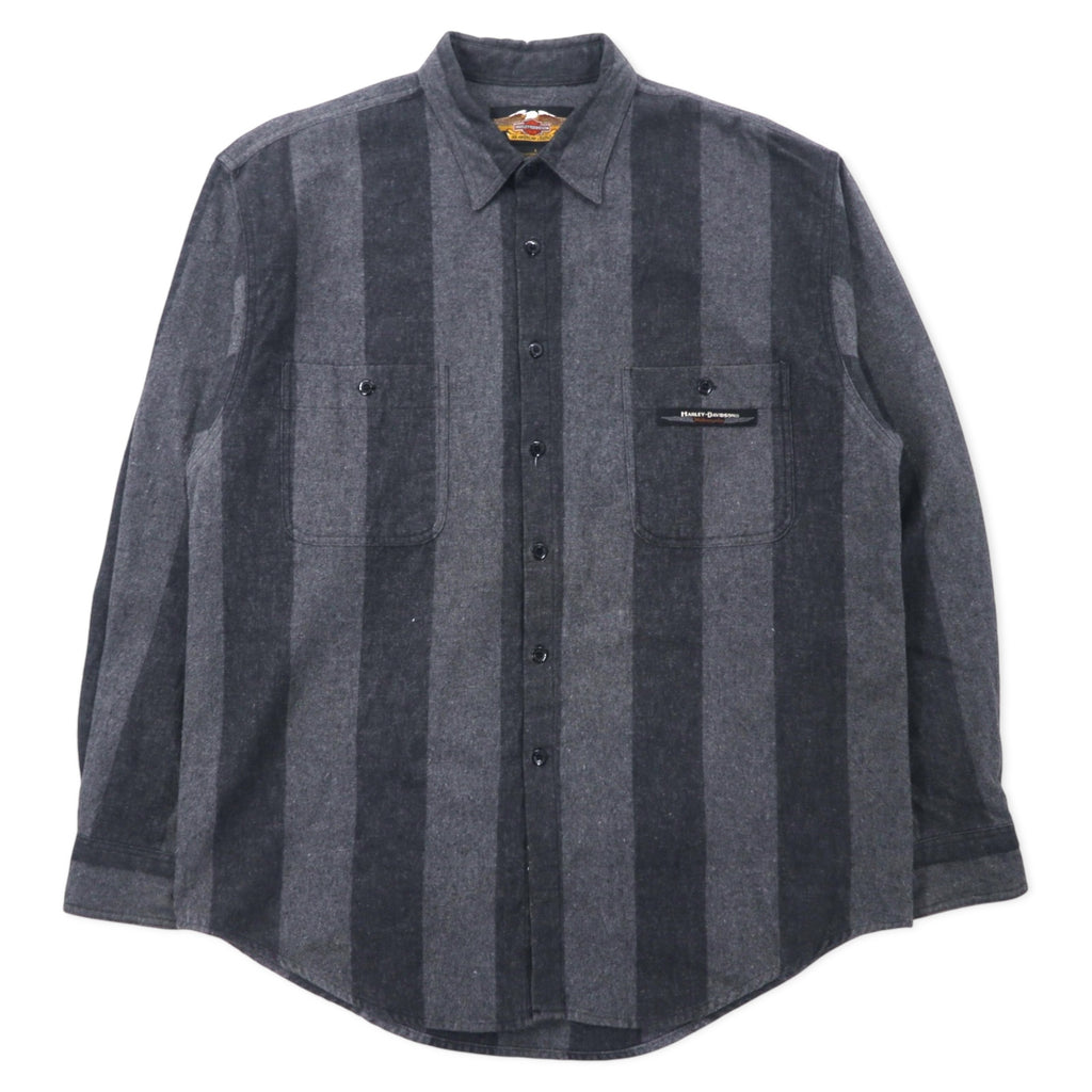 日本然リトテ-古着オンライン-HARLEY DAVIDSON フランネル ワークシャツ L グレー ストライプ コットン メキシコ製-HARLEY DAVIDSON Flannel Work Shirt L Gray Striped Cotton Mexico Made