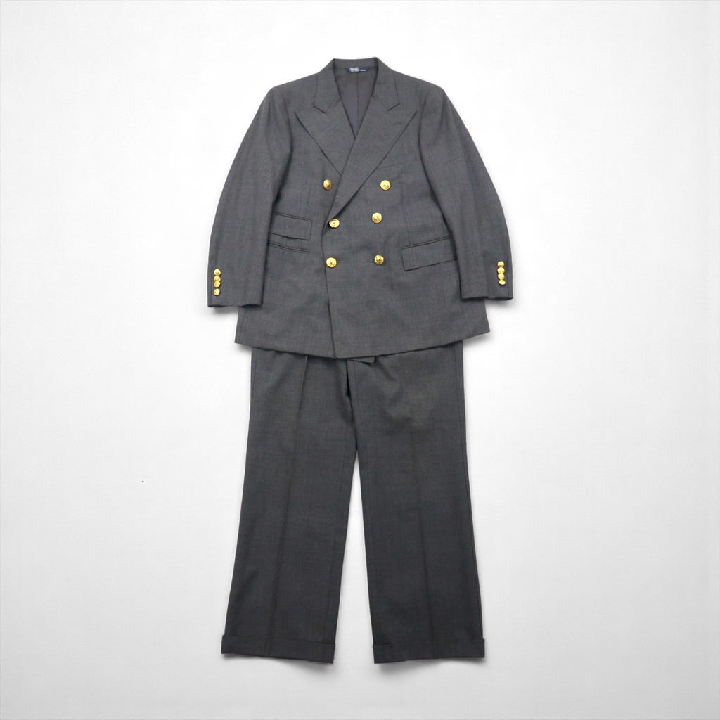 Polo Ralph Lauren 80年代 日本製 ピークドラペル ダブルブレスト セットアップ スーツ M グレー 金ボタン