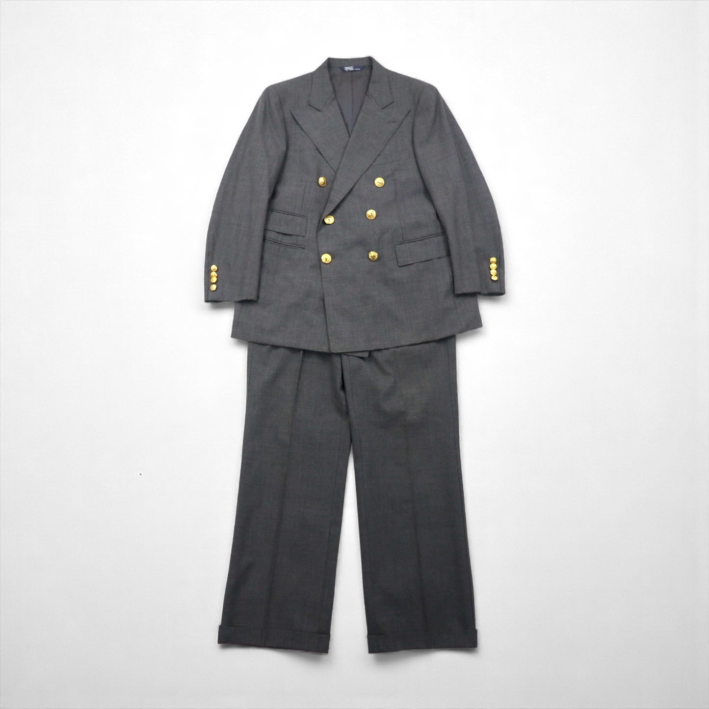 Polo Ralph Lauren 80年代 日本製 ピークドラペル ダブルブレスト セットアップ スーツ M グレー 金ボタン