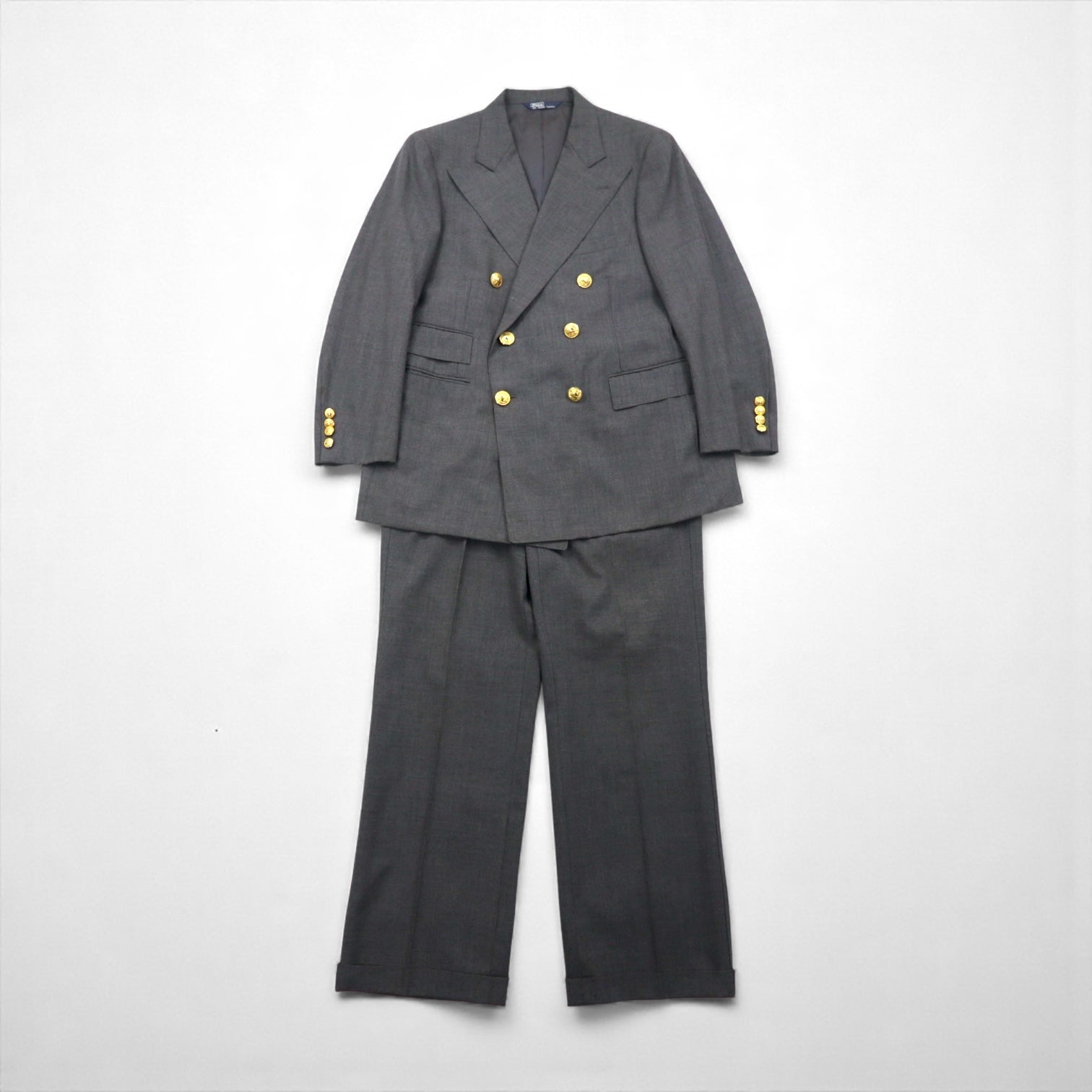 Polo Ralph Lauren 80年代 日本製 ピークドラペル ダブルブレスト セットアップ スーツ M グレー 金ボタン