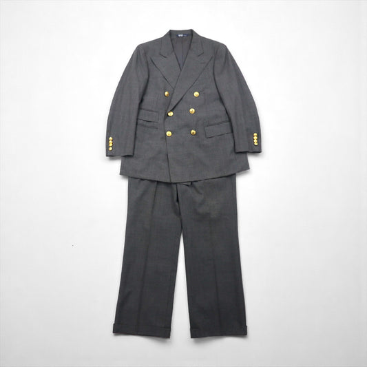 Polo Ralph Lauren 80年代 日本製 ピークドラペル ダブルブレスト セットアップ スーツ M グレー 金ボタン