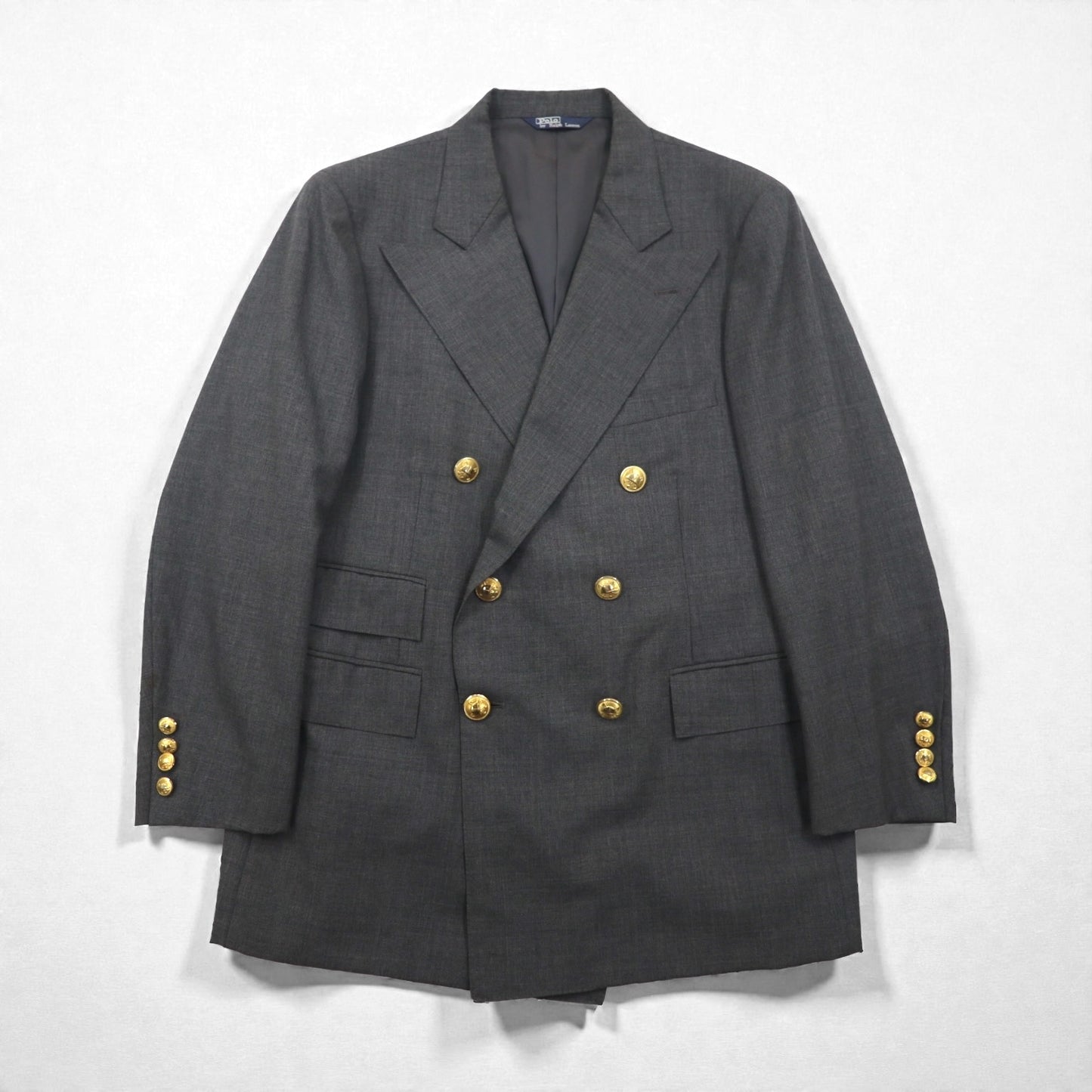 Polo Ralph Lauren 80年代 日本製 ピークドラペル ダブルブレスト セットアップ スーツ M グレー 金ボタン