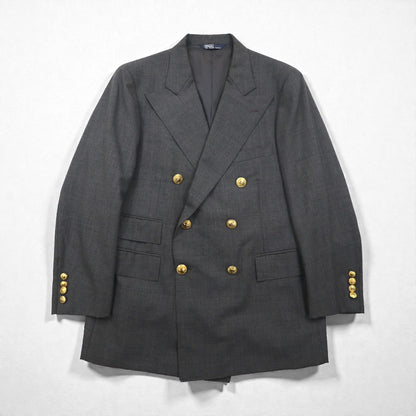 Polo Ralph Lauren 80年代 日本製 ピークドラペル ダブルブレスト セットアップ スーツ M グレー 金ボタン