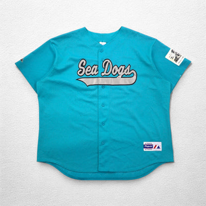 majestic 90s USA Made MiLB Mesh Baseball Shirt 2X Blue Sea Dogs Numbering