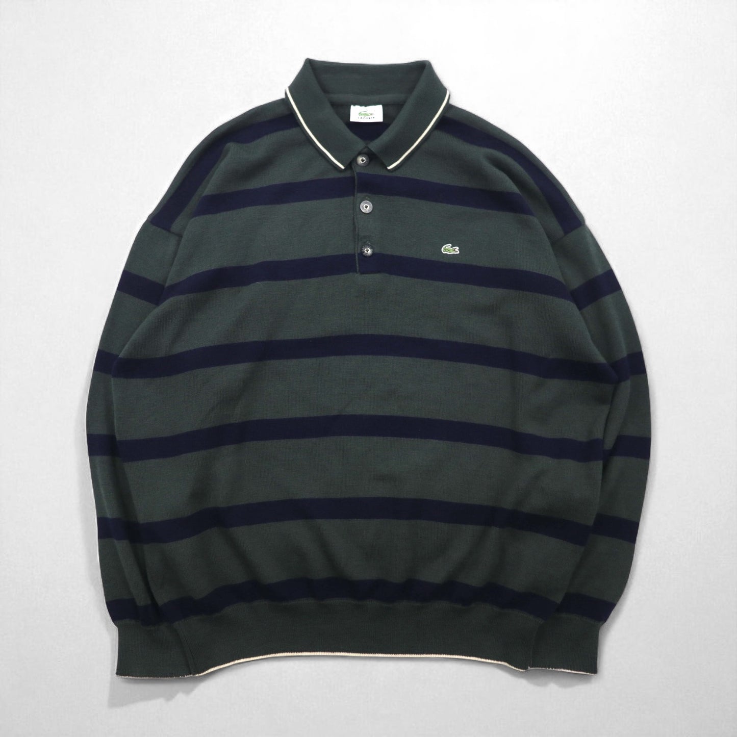 LACOSTE 80年代 ニット ポロ シャツ セーター XL グリーン ウール ボーダー